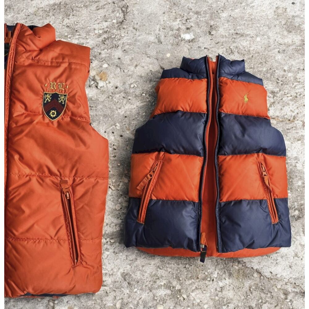 Ralph Lauren Reversible Kid's Feather Down Puffer Vest Stripe Solid Crest Size 5 - Picture 16 of 16